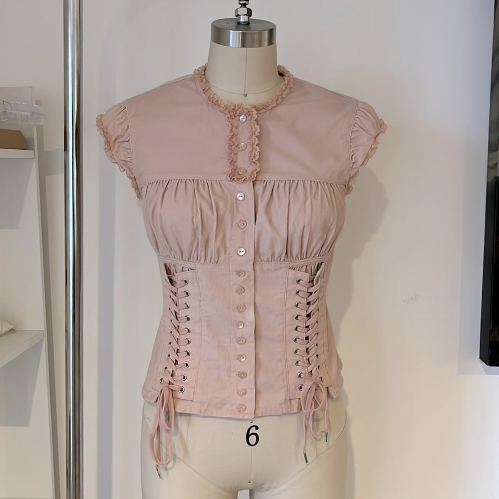 Vintage Y2K Moda International Button Front Corduroy Top W/ Lace-up Detail